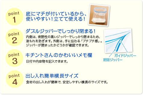 point1　底にマチが付いているから、使いやすい！立てて使える！　point2　ダブルジッパーでしっかり閉まる！　point3　キチントさんのかわいいメモ欄　point4　出し入れ簡単横長サイズ