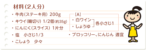 材料　牛肉　キウイ　にんにく　塩　こしょう　白ワイン　しょうゆ　ブロッコリー　にんじん