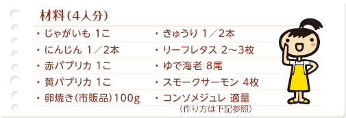 材料　じゃがいも　にんじん　赤パプリカ　黄パプリカ　卵焼き　きゅうり　リーフレタス　ゆで海老　スモークサーモン　コンソメジュレ