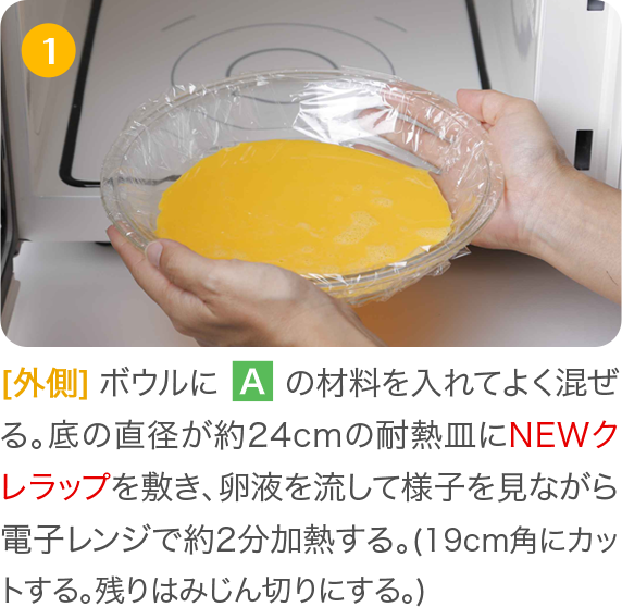 1 [外側]ボウルにAの材料を入れてよく混ぜる。底の直径が約24cmの耐熱皿にNEWクレラップを敷き、卵液を流して様子を見ながら電子レンジで約2分加熱する。(19cm角にカットする。残りはみじん切りにする。)