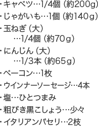 ・キャベツ...1/4個（約200g）・じゃがいも...1個（約140ｇ）・玉ねぎ（大）...1/4個（約70ｇ）・にんじん（大）...1/3本（約65ｇ）・ベーコン...1枚・ウインナーソーセージ...4本・塩...ひとつまみ・粗びき黒こしょう...少々・イタリアンパセリ...2枝