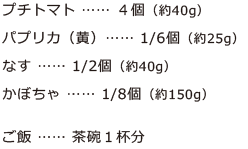 プチトマト　４個（約40g）、パプリカ（黄）　1/6個（約25g）、なす　1/2個（約40g）、かぼちゃ　1/8個（約150g）、ご飯　茶碗１杯分